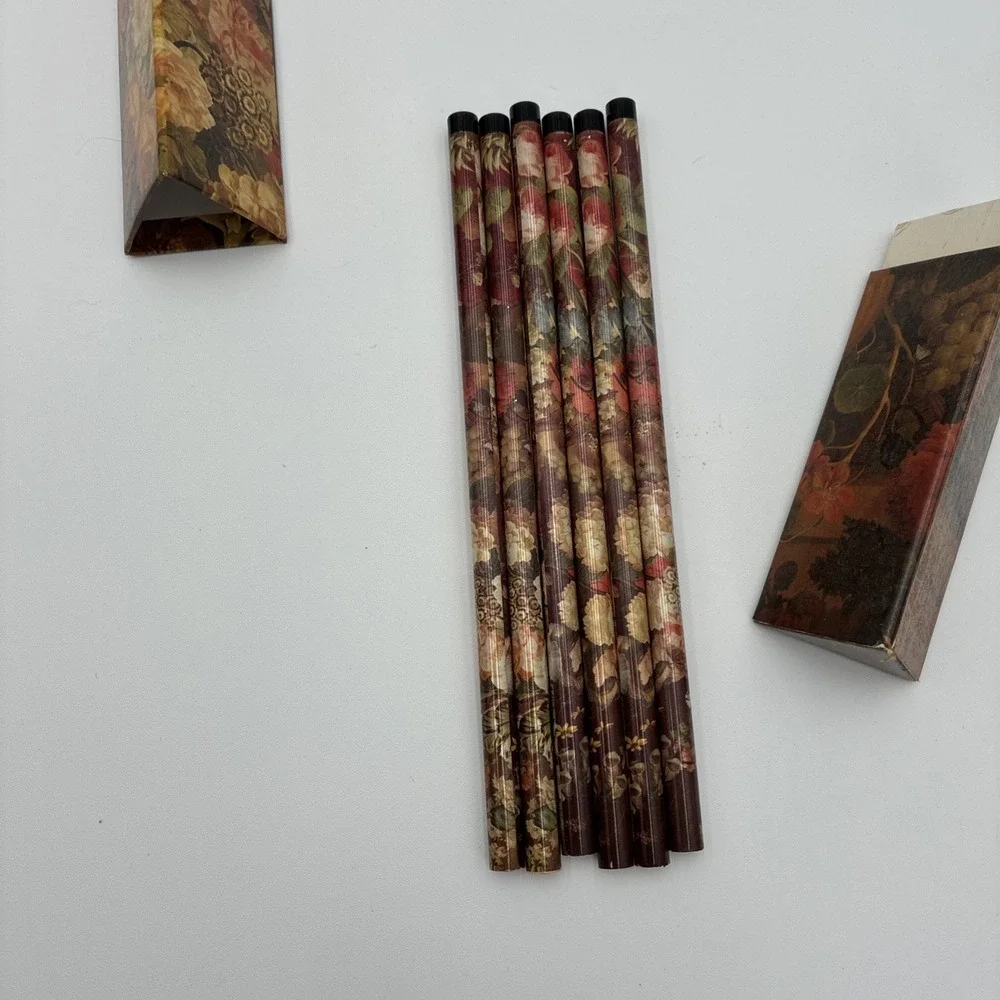 Vintage Floral Pencil Set with Triangular Case Made in UK 6 Piece Unsharpened